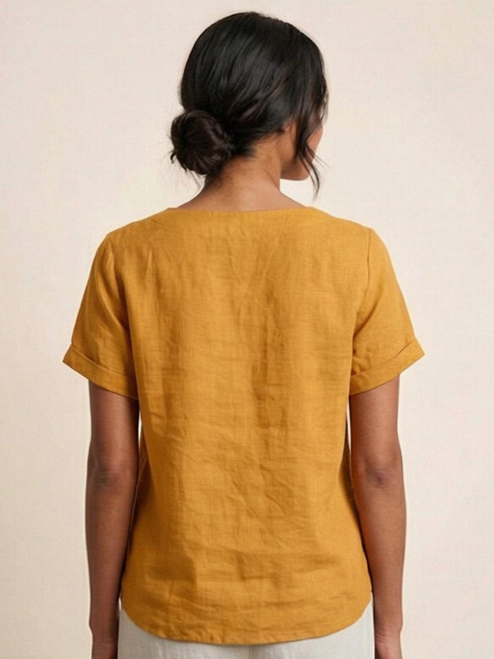 Hazel | Women’s Linen Round Neck Button Blouse Luvy Boutique
