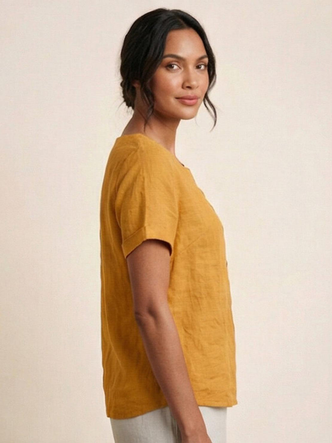 Hazel | Women’s Linen Round Neck Button Blouse Luvy Boutique
