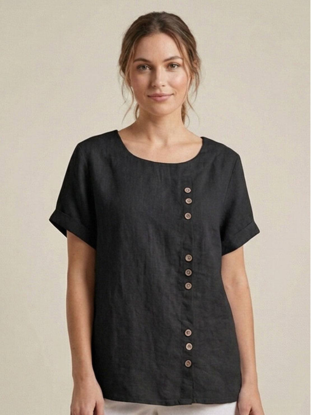 Hazel | Women’s Linen Round Neck Button Blouse Luvy Boutique