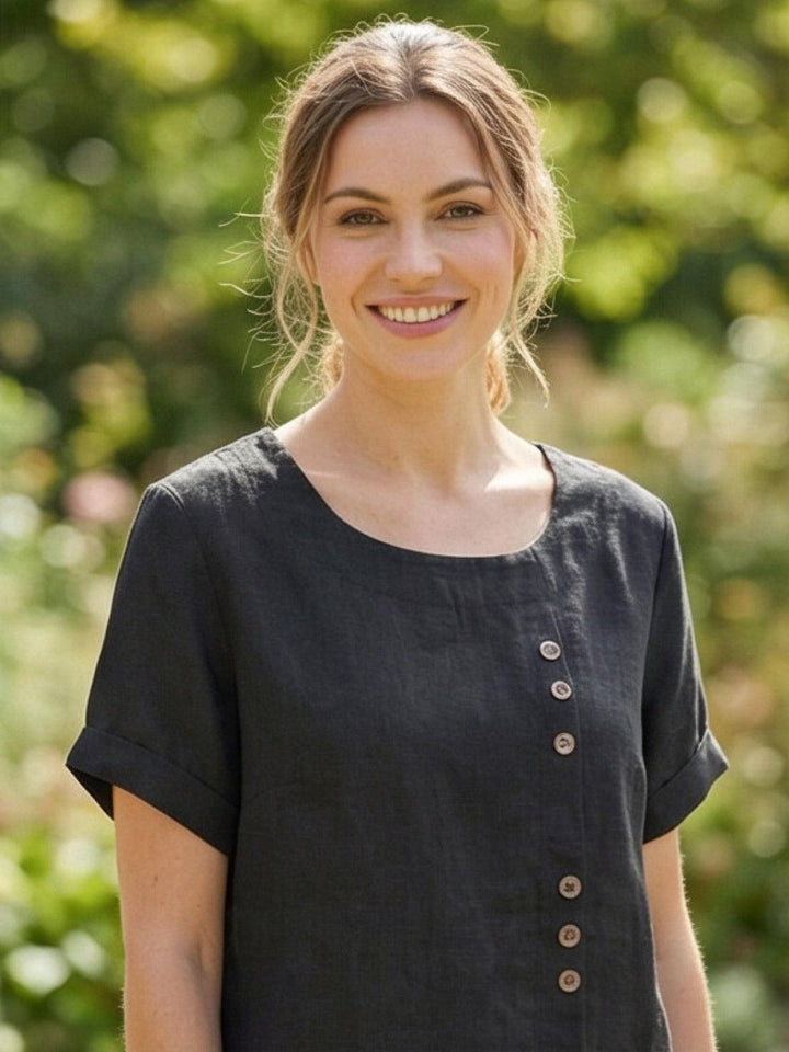 Hazel | Women’s Linen Round Neck Button Blouse Luvy Boutique