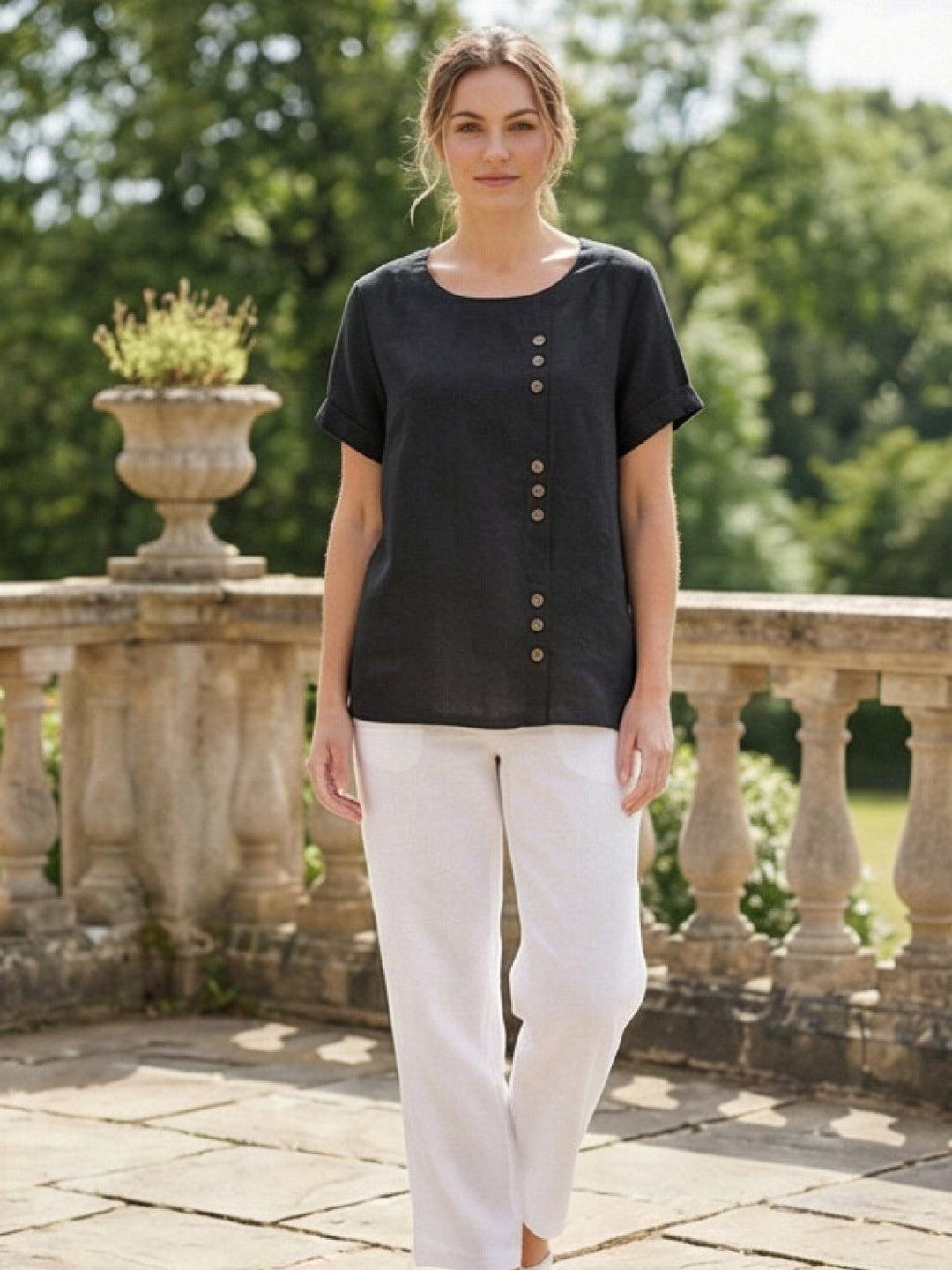 Hazel | Women’s Linen Round Neck Button Blouse Luvy Boutique
