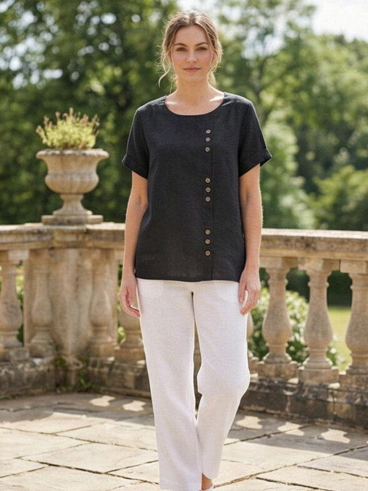 Hazel | Women’s Linen Round Neck Button Blouse Luvy Boutique
