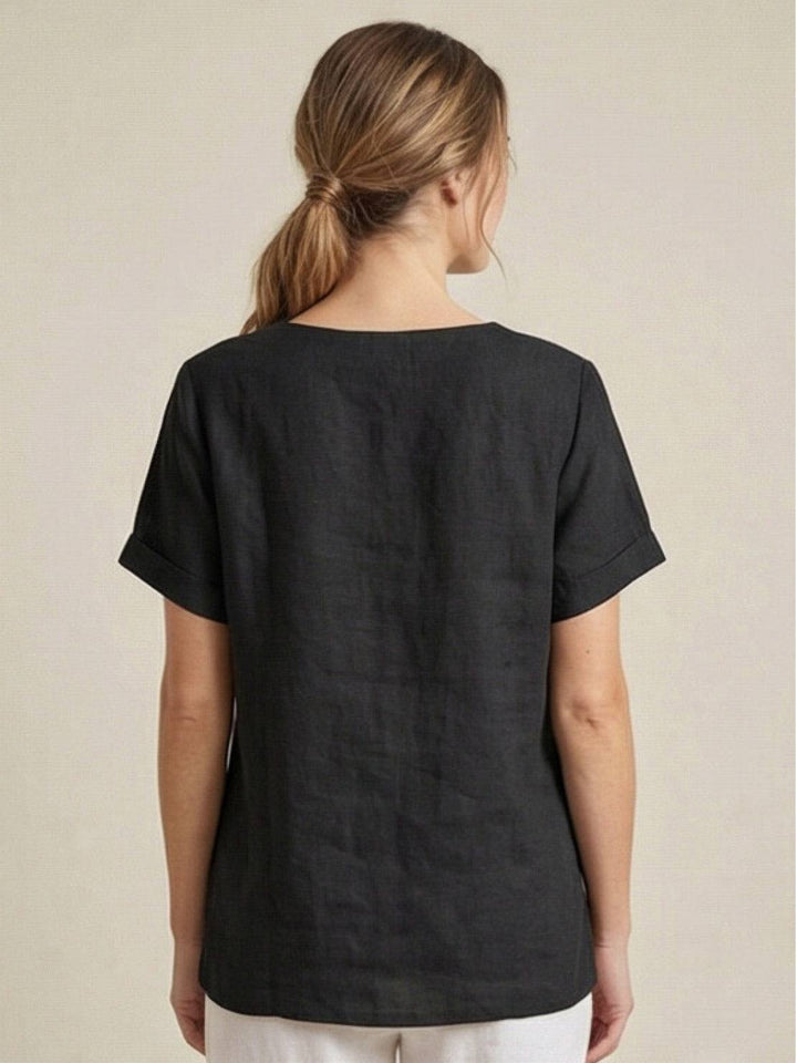 Hazel | Women’s Linen Round Neck Button Blouse Luvy Boutique