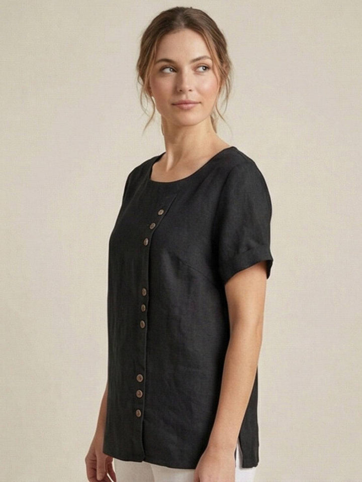 Hazel | Women’s Linen Round Neck Button Blouse Luvy Boutique