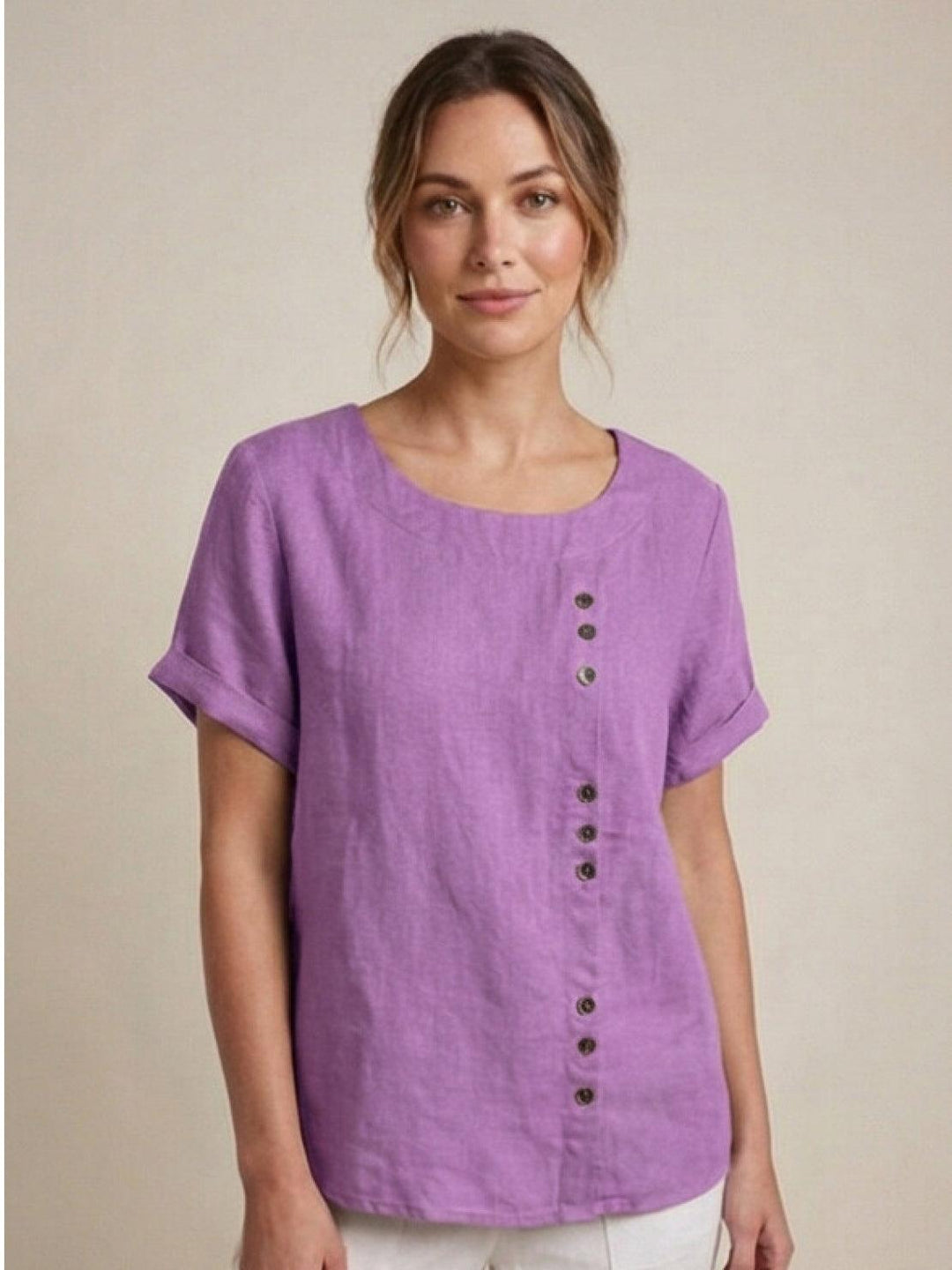 Hazel | Women’s Linen Round Neck Button Blouse Luvy Boutique