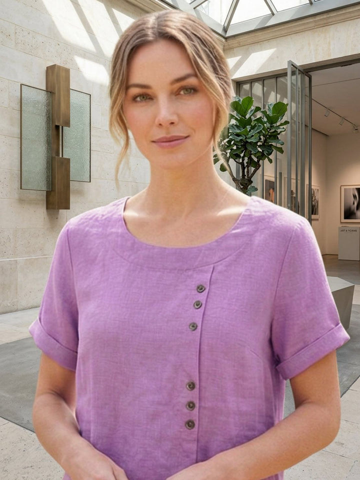 Hazel | Women’s Linen Round Neck Button Blouse Luvy Boutique