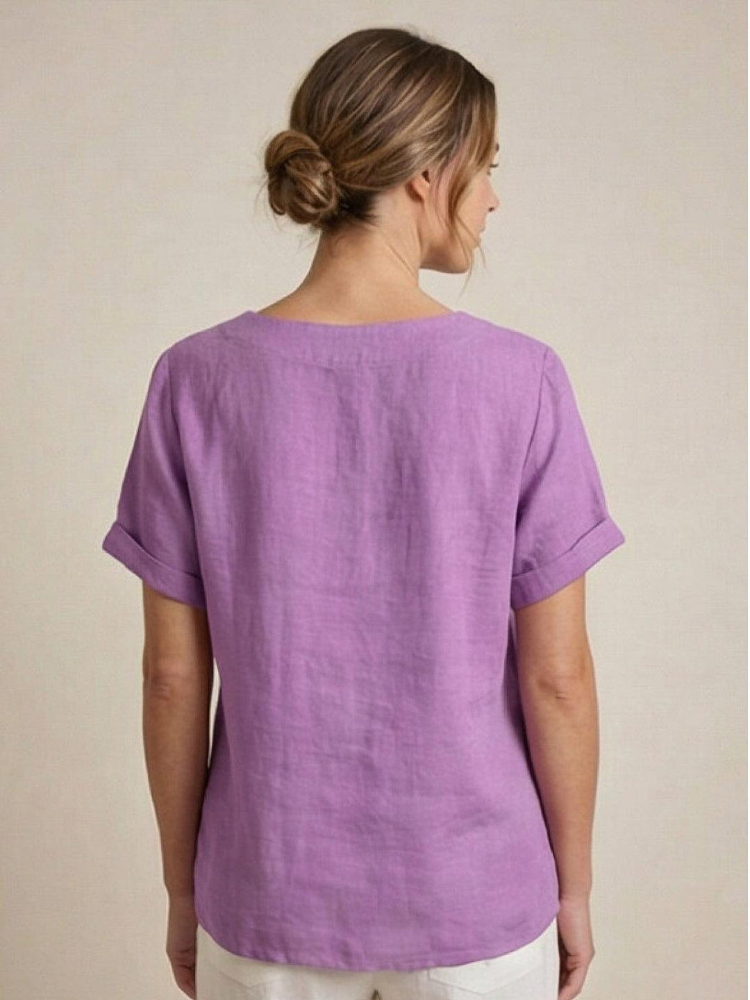Hazel | Women’s Linen Round Neck Button Blouse Luvy Boutique