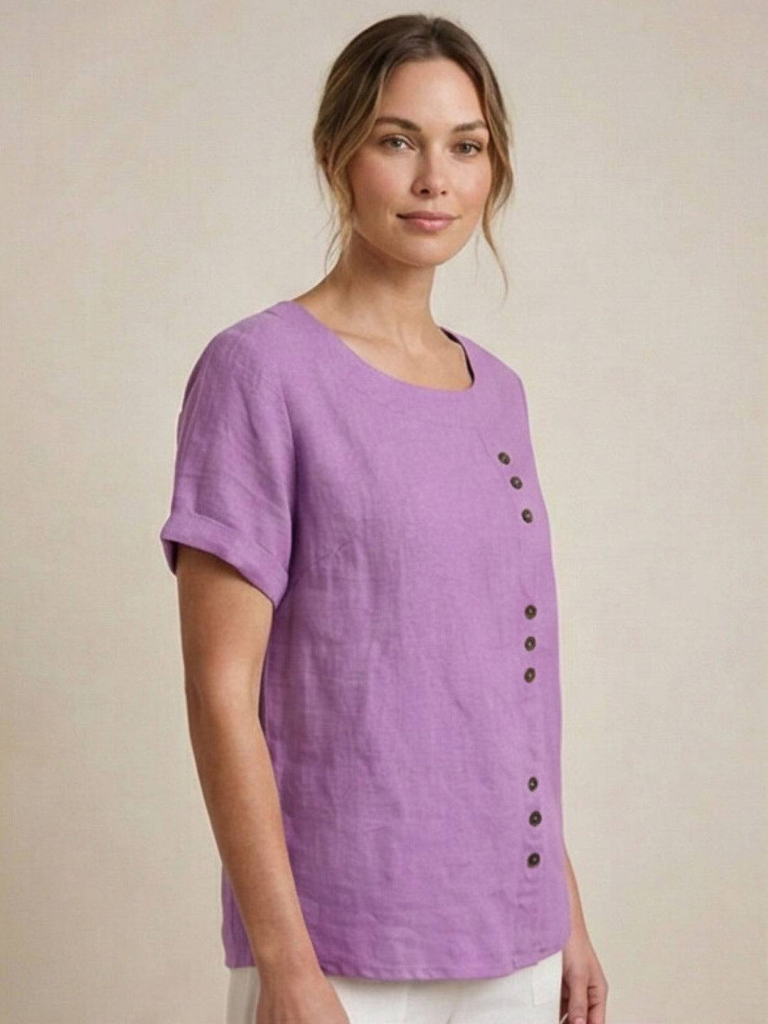 Hazel | Women’s Linen Round Neck Button Blouse Luvy Boutique