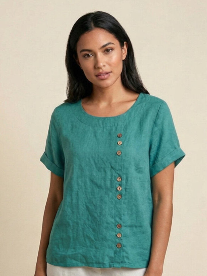 Hazel | Women’s Linen Round Neck Button Blouse Luvy Boutique