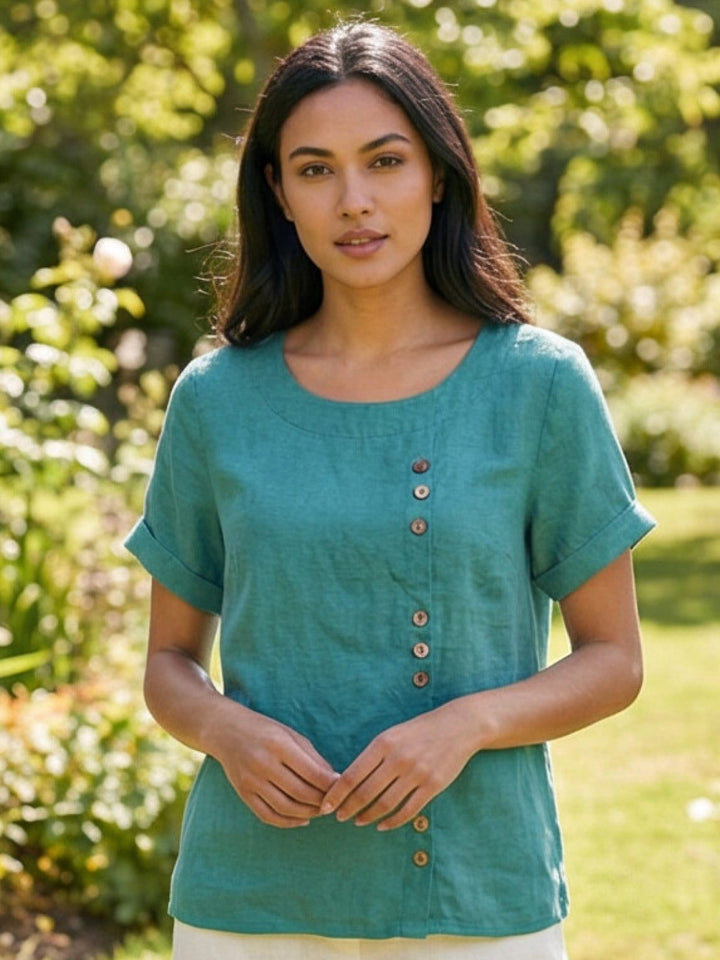 Hazel | Women’s Linen Round Neck Button Blouse Luvy Boutique