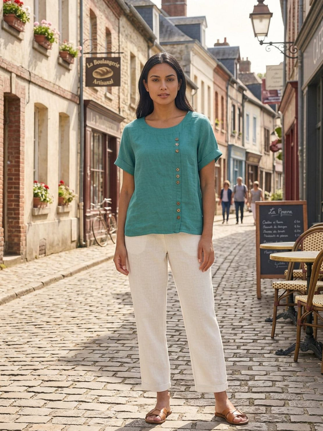 Hazel | Women’s Linen Round Neck Button Blouse Luvy Boutique