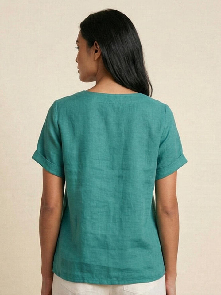 Hazel | Women’s Linen Round Neck Button Blouse Luvy Boutique