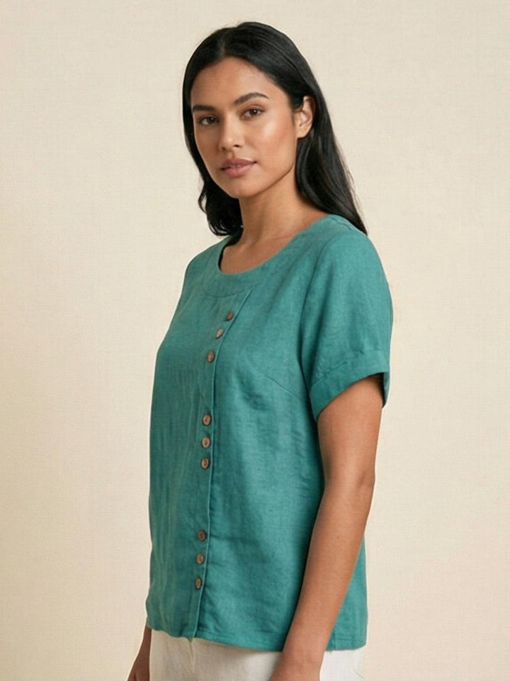 Hazel | Women’s Linen Round Neck Button Blouse Luvy Boutique