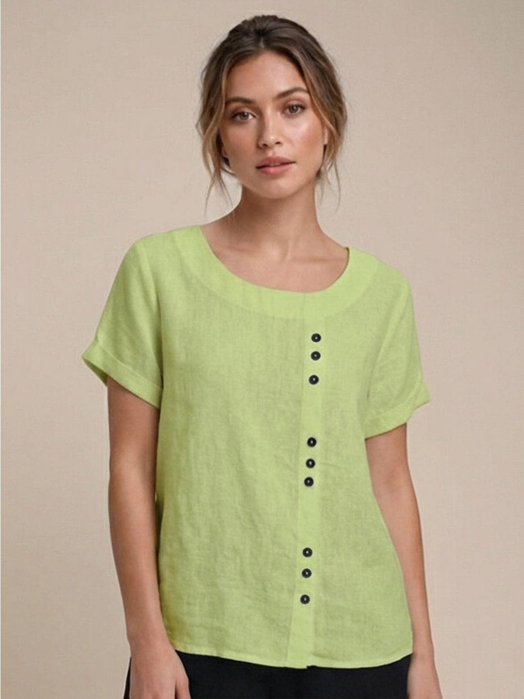 Hazel | Women’s Linen Round Neck Button Blouse Luvy Boutique