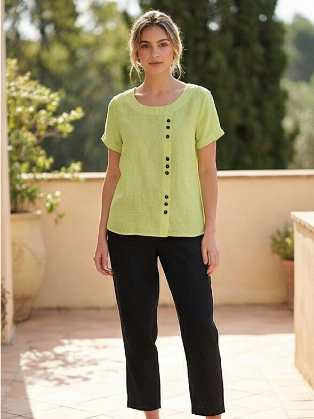 Hazel | Women’s Linen Round Neck Button Blouse Luvy Boutique