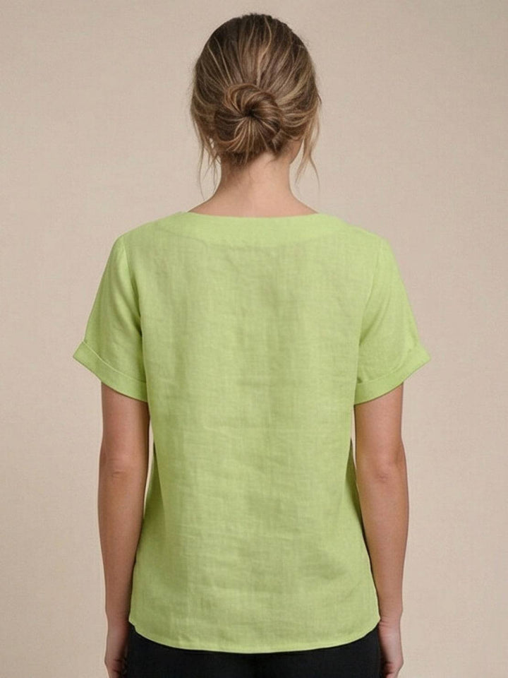Hazel | Women’s Linen Round Neck Button Blouse Luvy Boutique