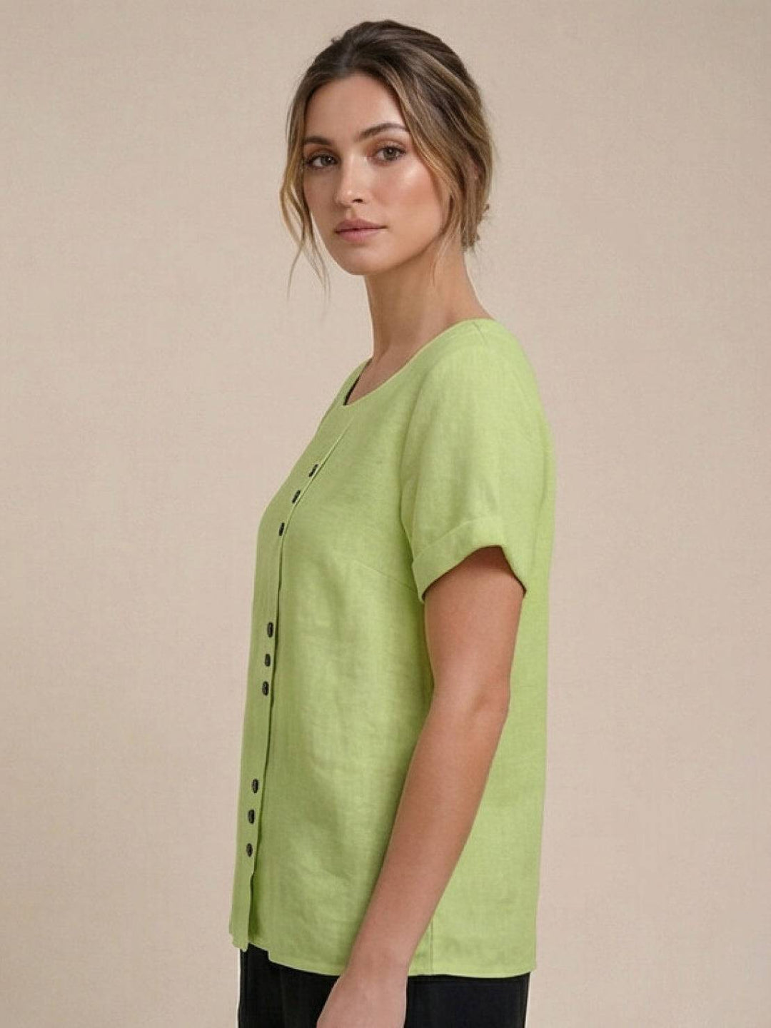 Hazel | Women’s Linen Round Neck Button Blouse Luvy Boutique