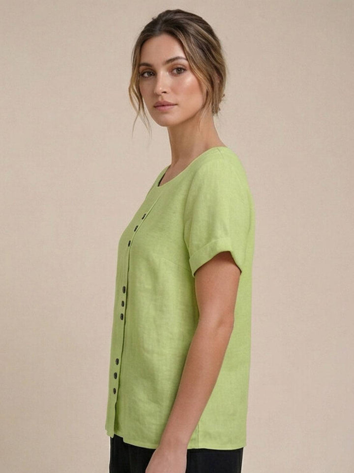 Hazel | Women’s Linen Round Neck Button Blouse Luvy Boutique