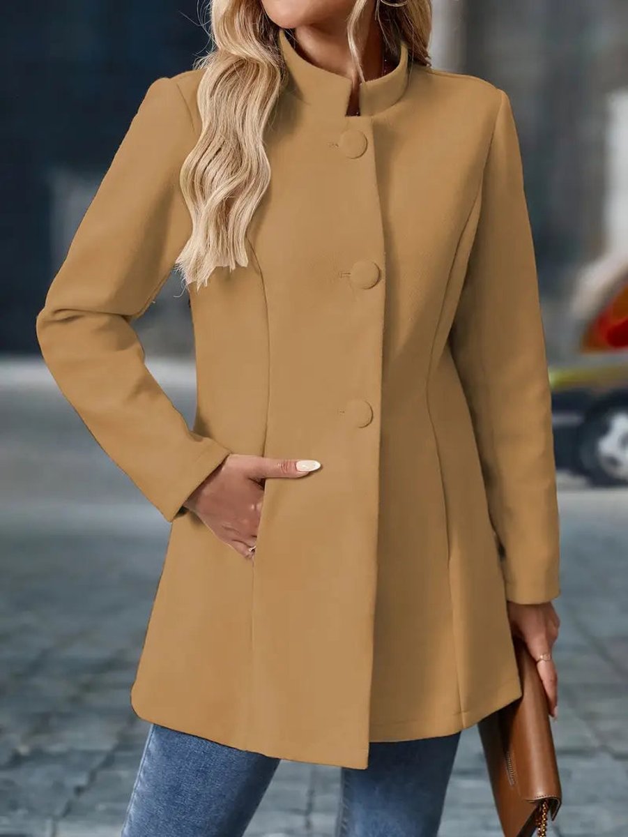 Women Coat Stand Collar Button-Trim Longline Blazer Jacket
