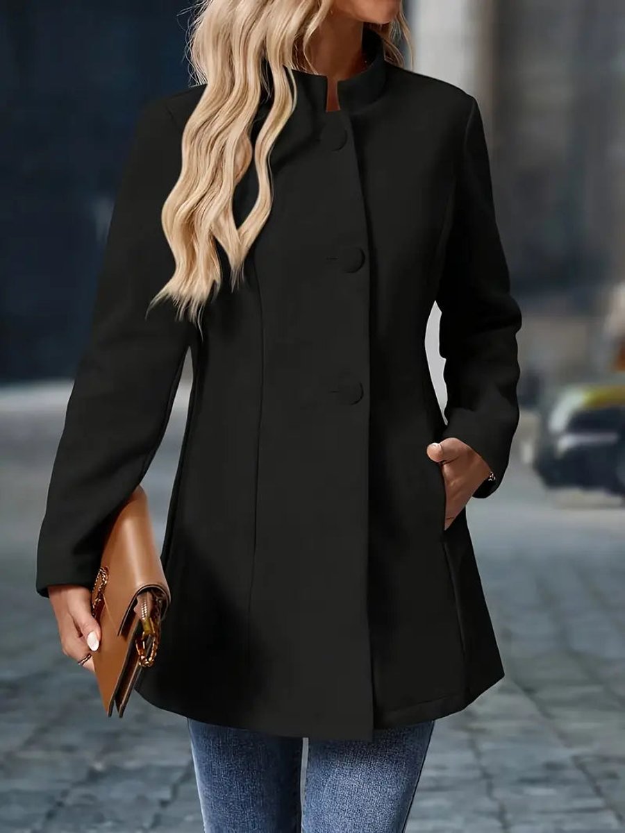 Women Coat Stand Collar Button-Trim Longline Blazer Jacket