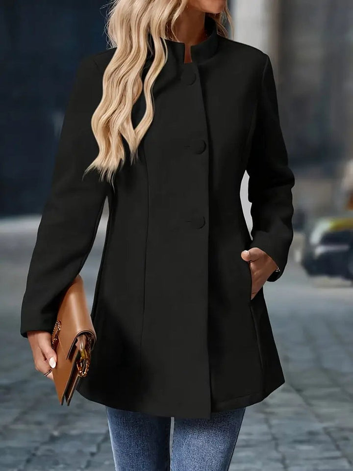Women Coat Stand Collar Button-Trim Longline Blazer Jacket