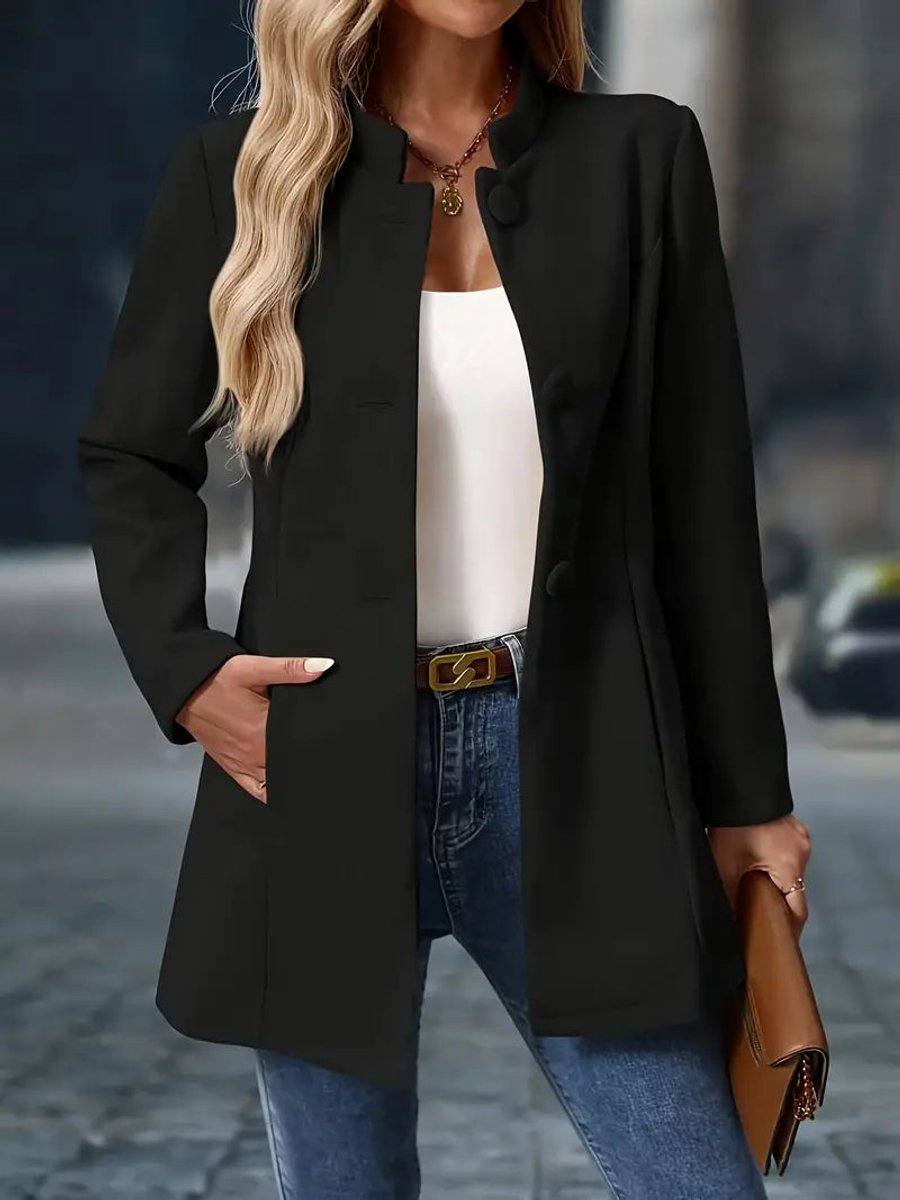 Women Coat Stand Collar Button-Trim Longline Blazer Jacket - Black