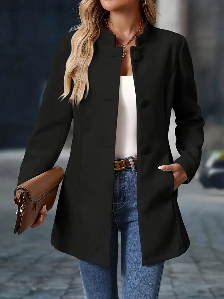 Women Coat Stand Collar Button-Trim Longline Blazer Jacket