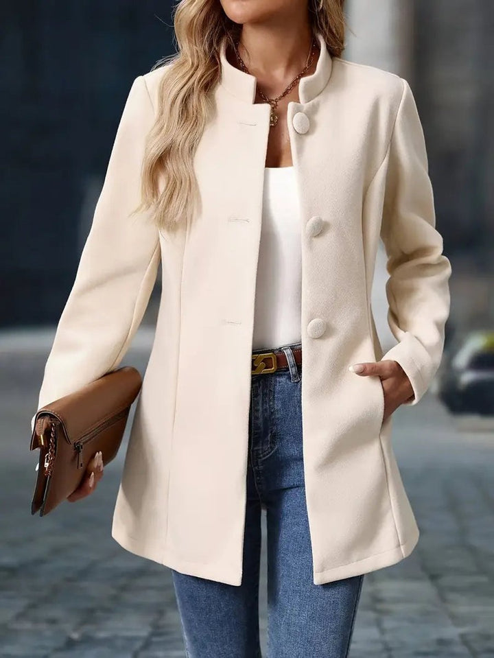 Women Coat Stand Collar Button-Trim Longline Blazer Jacket