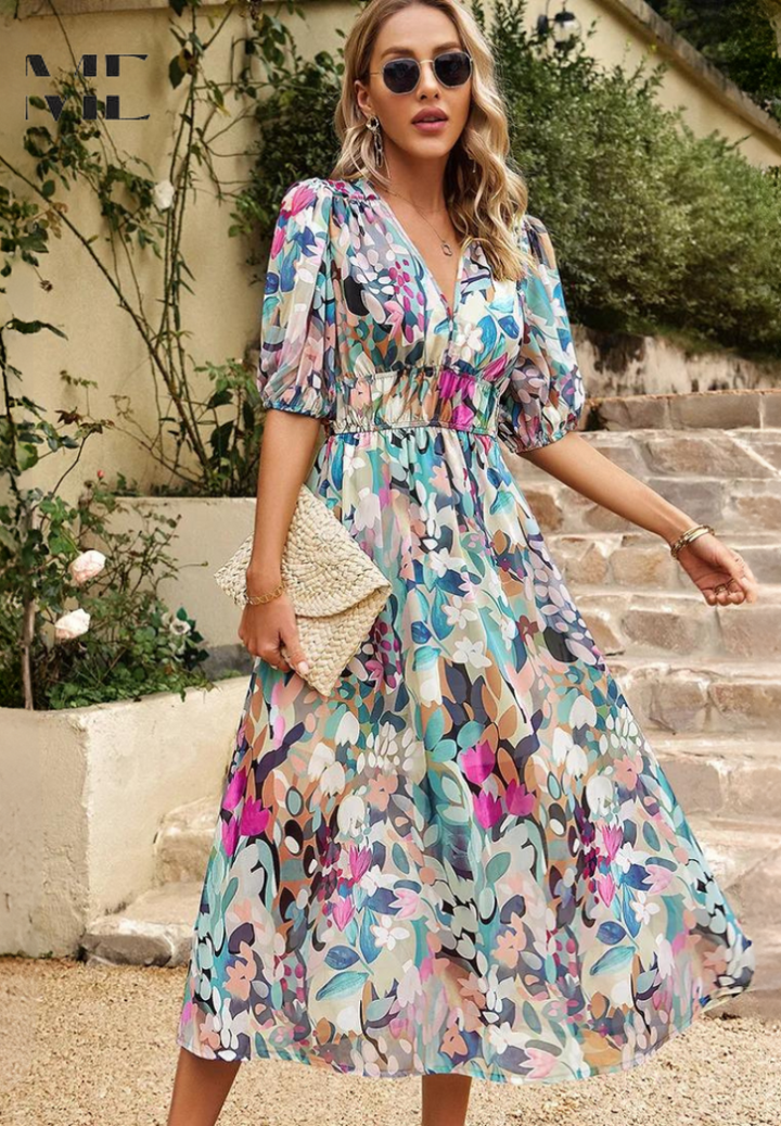 Grace | Women's Floral V Neck Midi Wedding Guest Dress