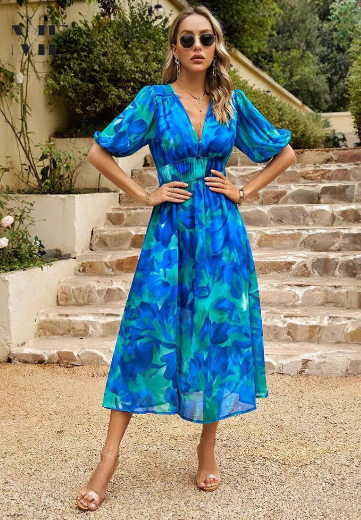 Grace | Women's Floral V Neck Midi Wedding Guest Dress Luvy Boutique
