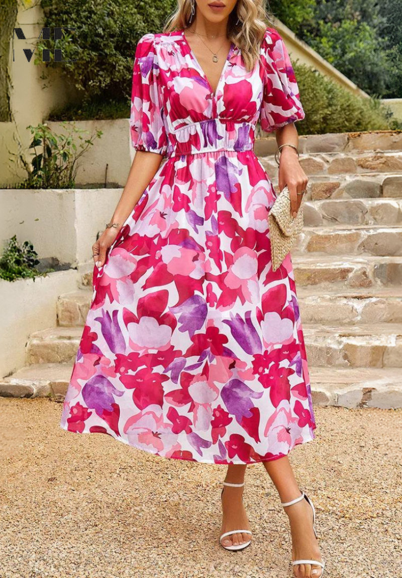 Grace | Women's Floral V Neck Midi Wedding Guest Dress Luvy Boutique