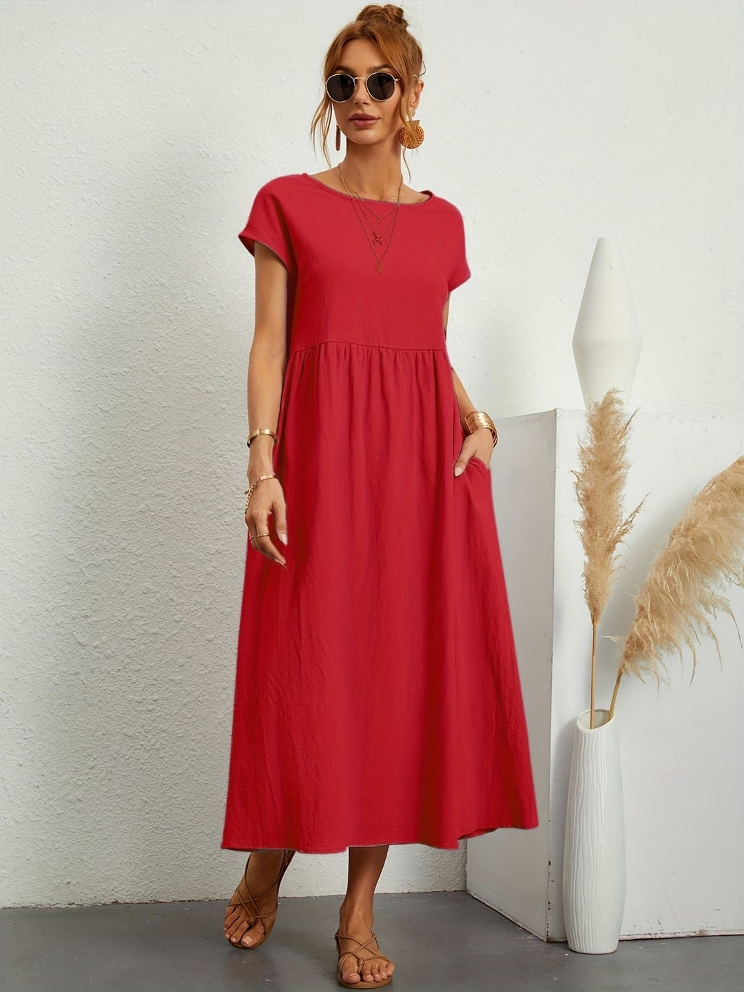 Danielle | Women's Short Sleeve Loose Midi Pocket Dress Luvy Boutique