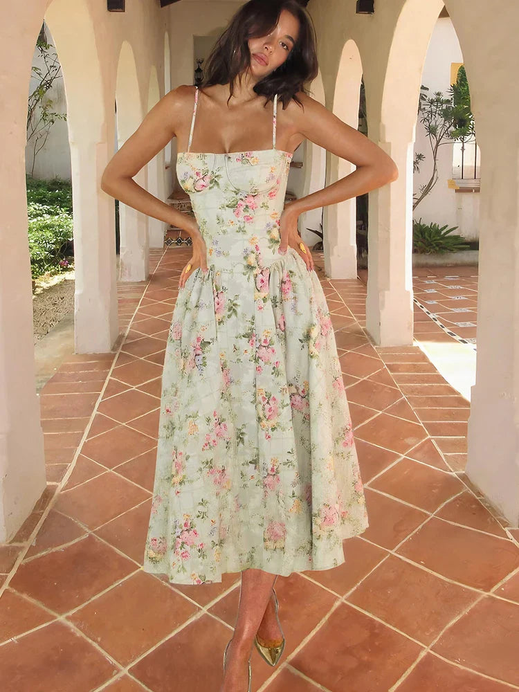 Eleanor | Women's Floral Strap Midi Wedding Guest Dress Luvy Boutique