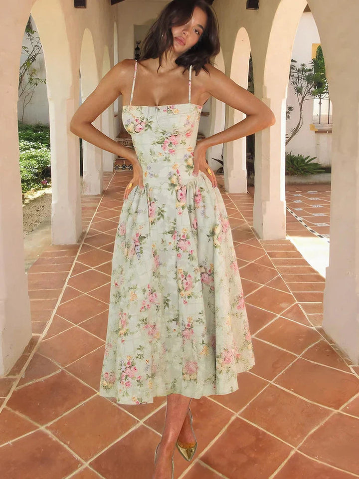 Eleanor | Women's Floral Strap Midi Wedding Guest Dress Luvy Boutique