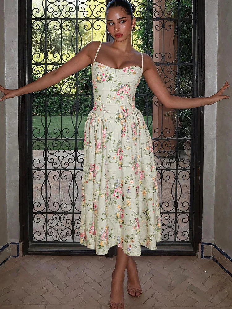 Eleanor | Women's Floral Strap Midi Wedding Guest Dress Luvy Boutique