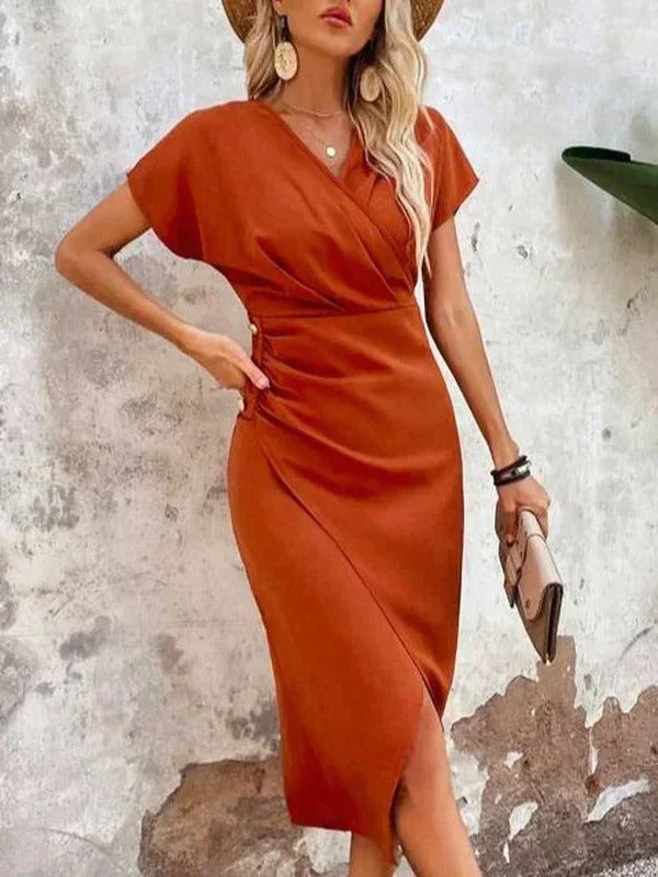 Caroline | Women's Wrap V Neck Midi Wedding Guest Dress Luvy Boutique
