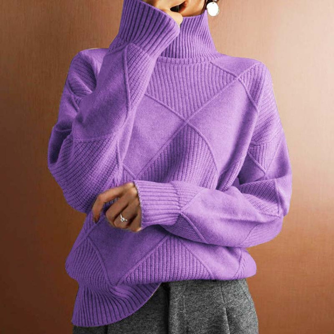 Women's Argyle Knit Relaxed Turtleneck Sweater - Light Lilac