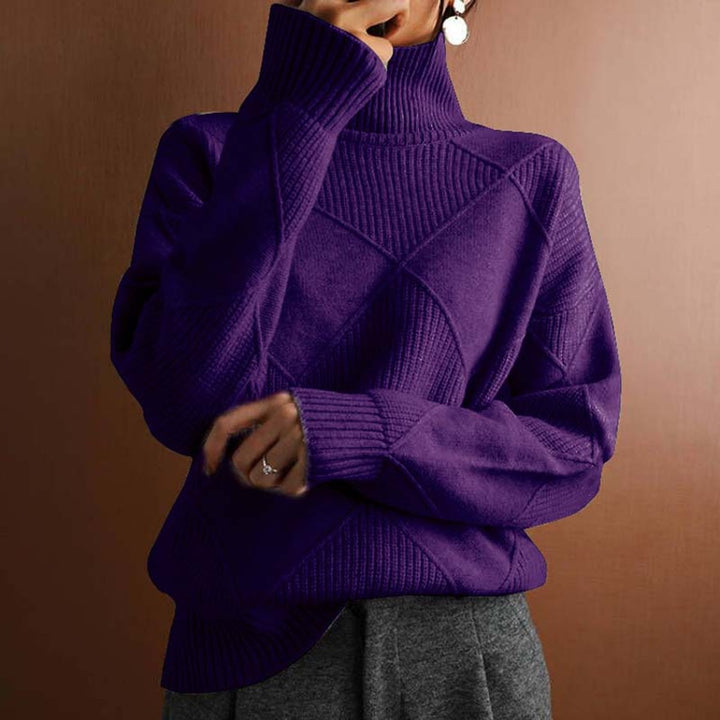 Women's Argyle Knit Relaxed Turtleneck Sweater - Dark Purple