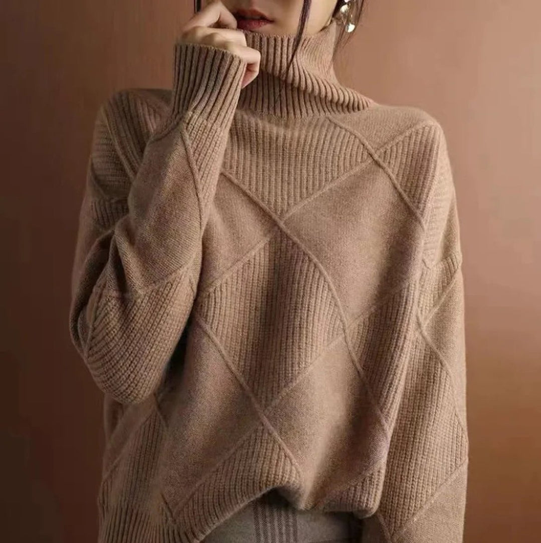 Women's Argyle Knit Relaxed Turtleneck Sweater - Brown