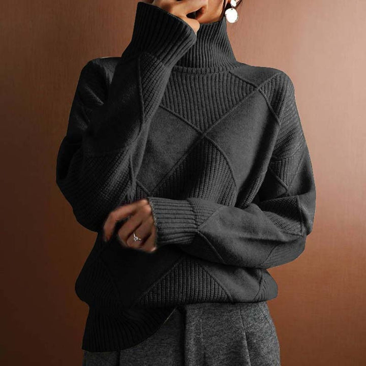 Women's Argyle Knit Relaxed Turtleneck Sweater - Black