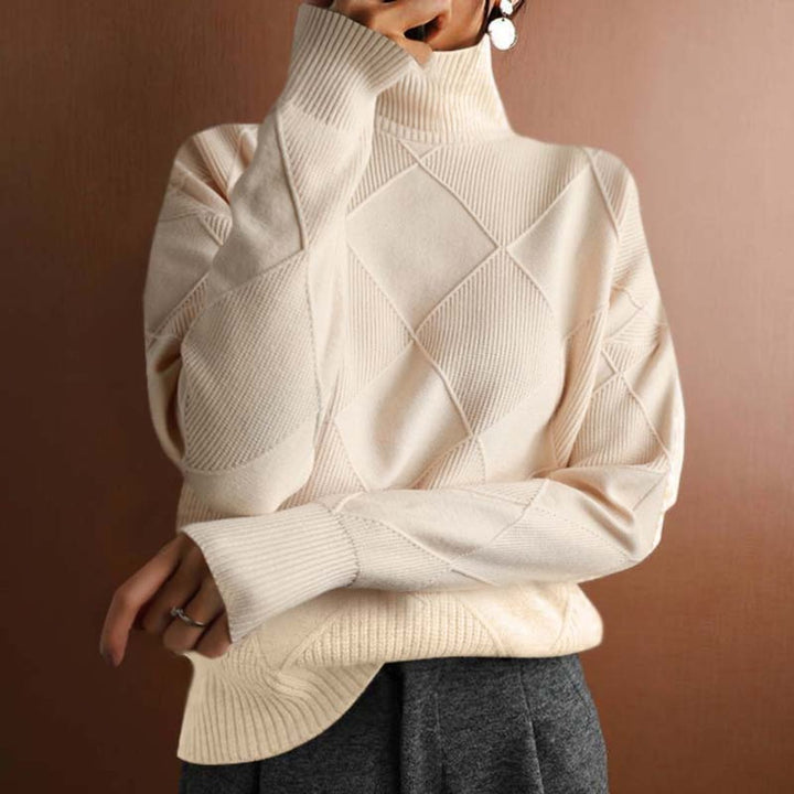 Women's Argyle Knit Relaxed Turtleneck Sweater - Beige
