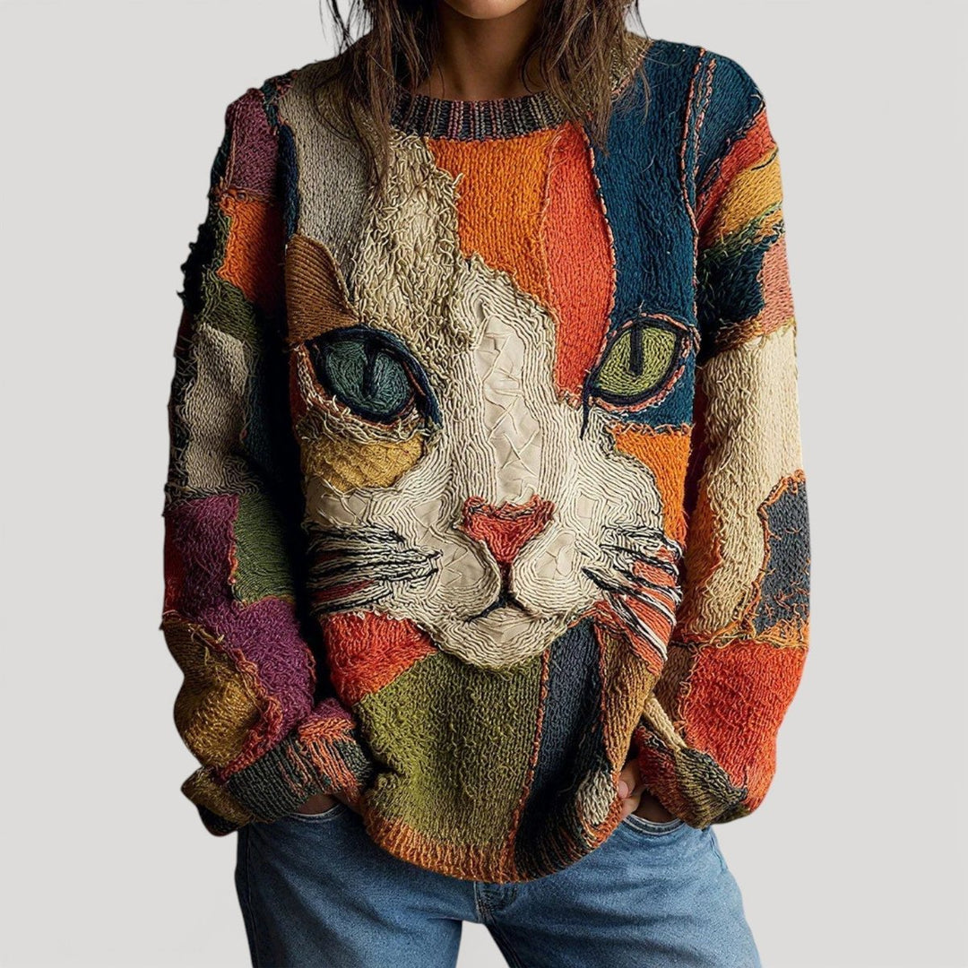 Women's Artistic Cat Print Colourblock Knit Sweater - Multicolour