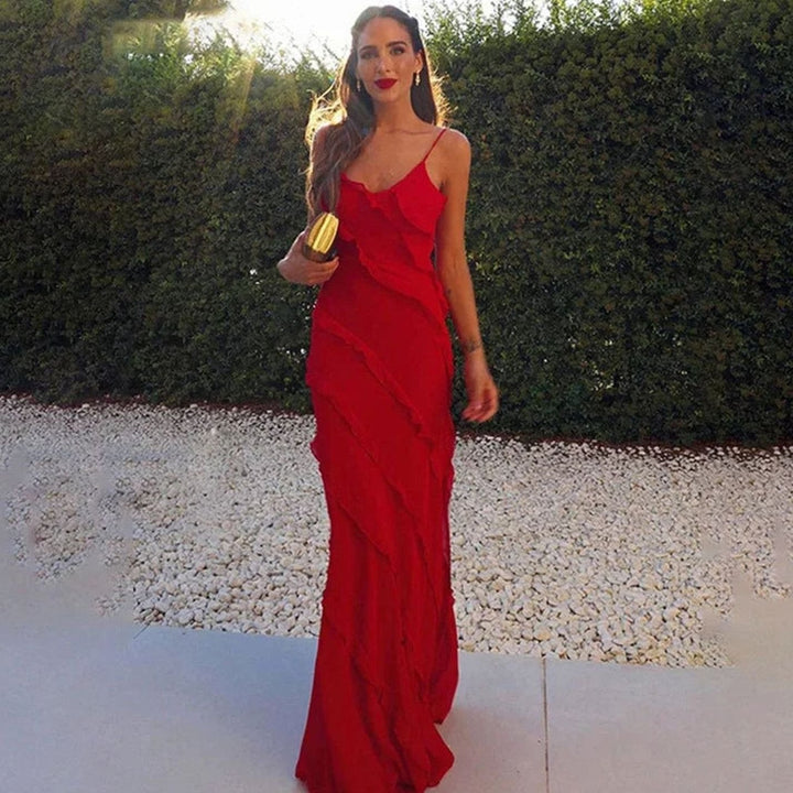 Women's Asymmetric Ruffle Spaghetti-Strap Maxi Dress - Red