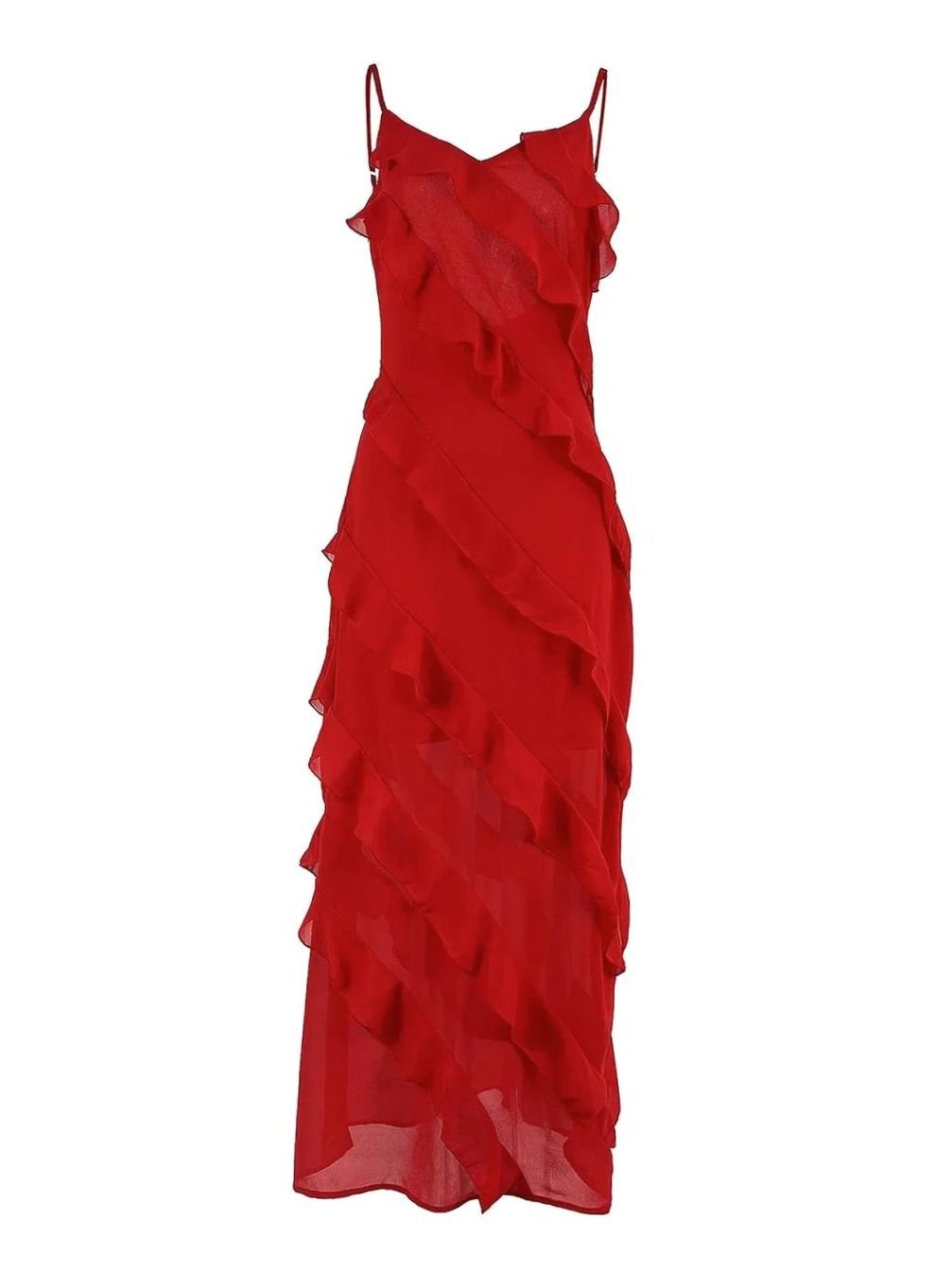 Women's Asymmetric Ruffle Spaghetti-Strap Maxi Dress