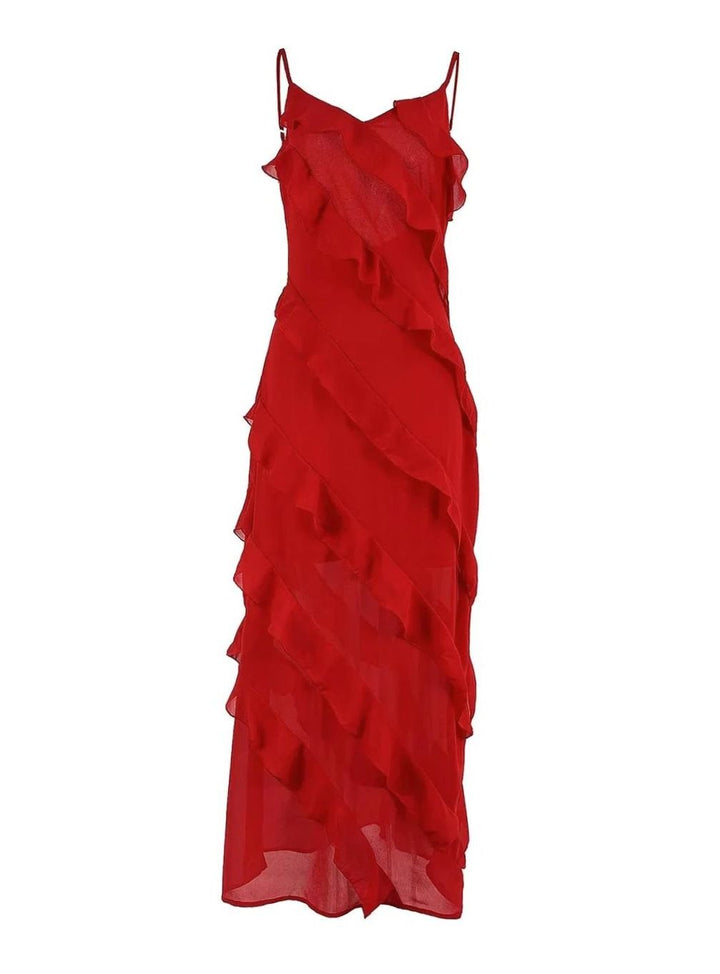 Women's Asymmetric Ruffle Spaghetti-Strap Maxi Dress