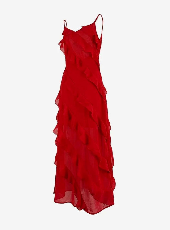 Women's Asymmetric Ruffle Spaghetti-Strap Maxi Dress