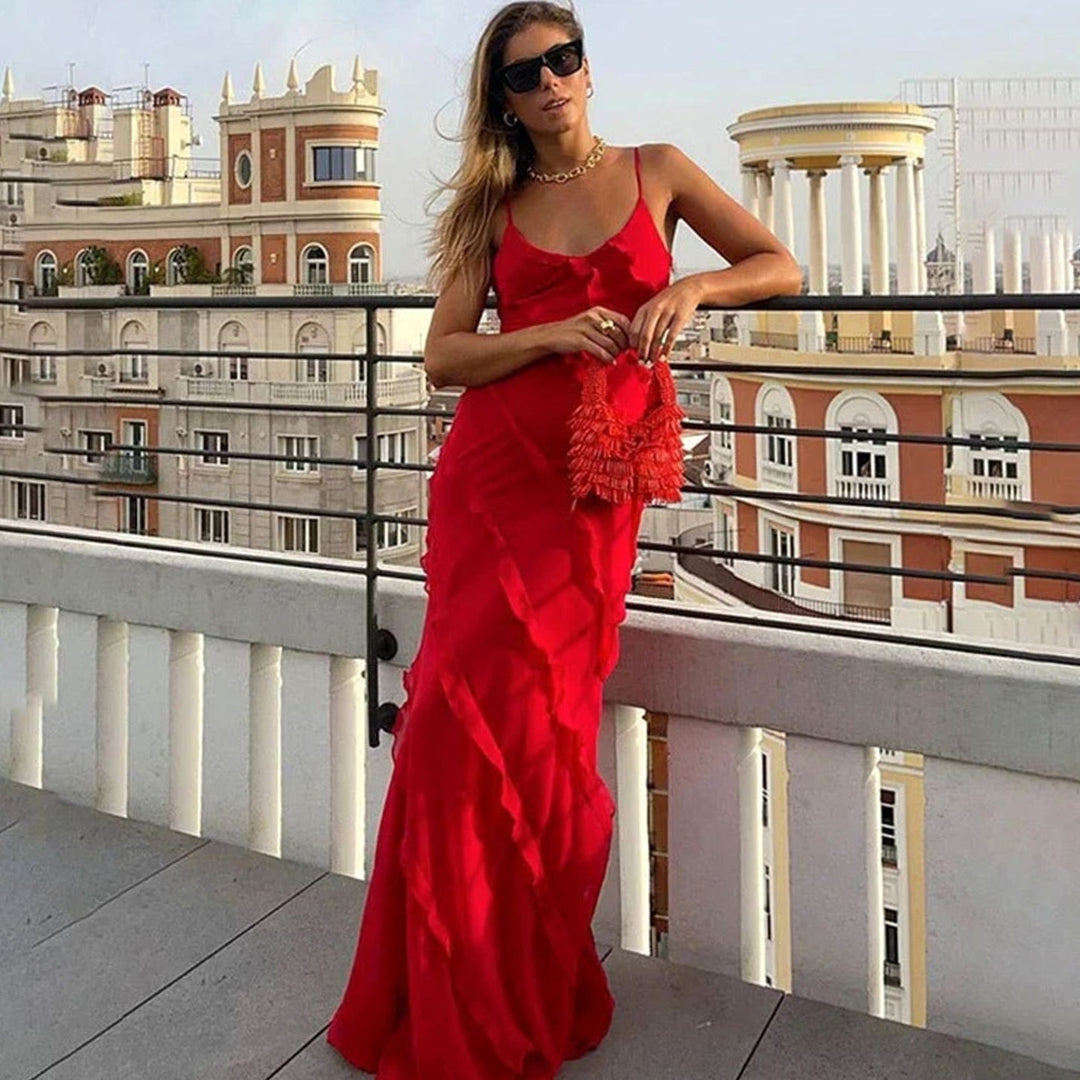 Women's Asymmetric Ruffle Spaghetti-Strap Maxi Dress