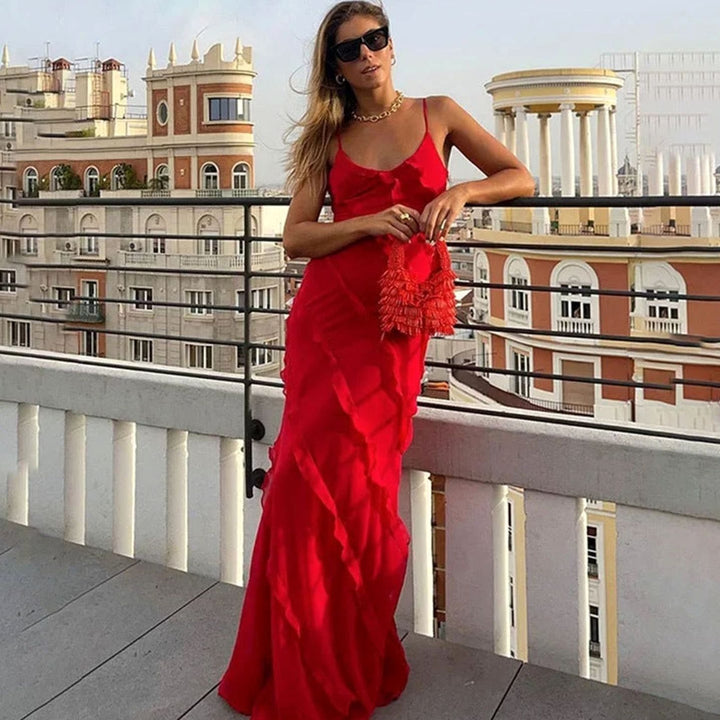 Women's Asymmetric Ruffle Spaghetti-Strap Maxi Dress