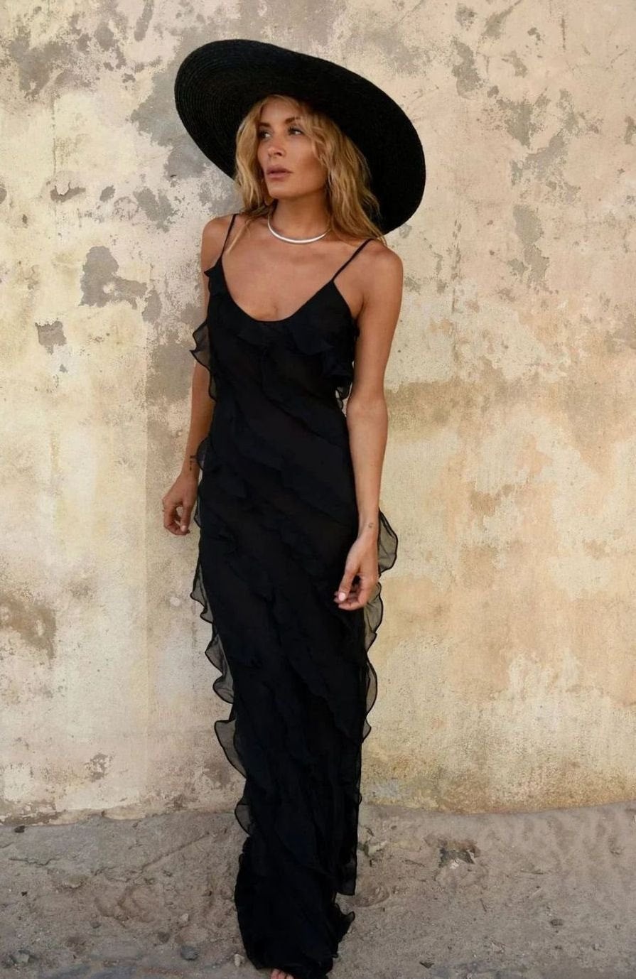 Women's Asymmetric Ruffle Spaghetti-Strap Maxi Dress - Black