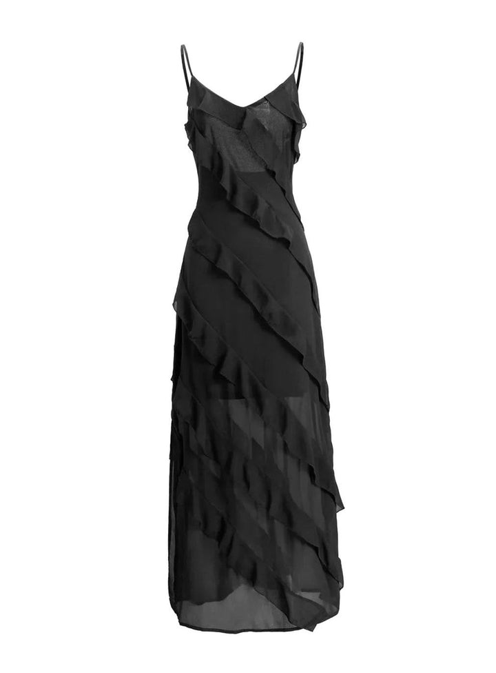 Women's Asymmetric Ruffle Spaghetti-Strap Maxi Dress